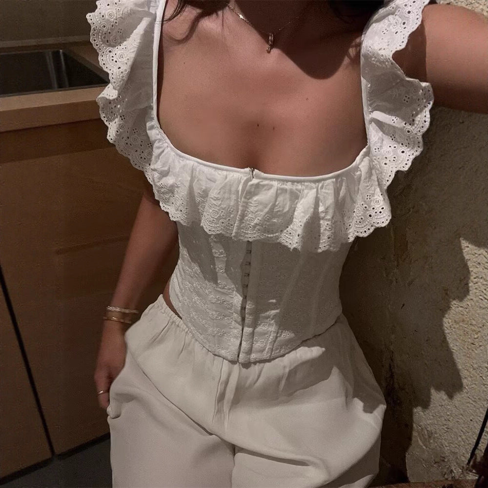 Women's French Two-tone All-cotton Embroidered Lace Ruffled Vest