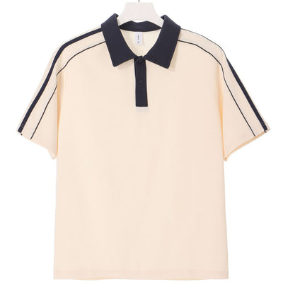 Casual Lapel Short Sleeve T-Shirt Loose Cotton Drop Shoulder Polo Shirt