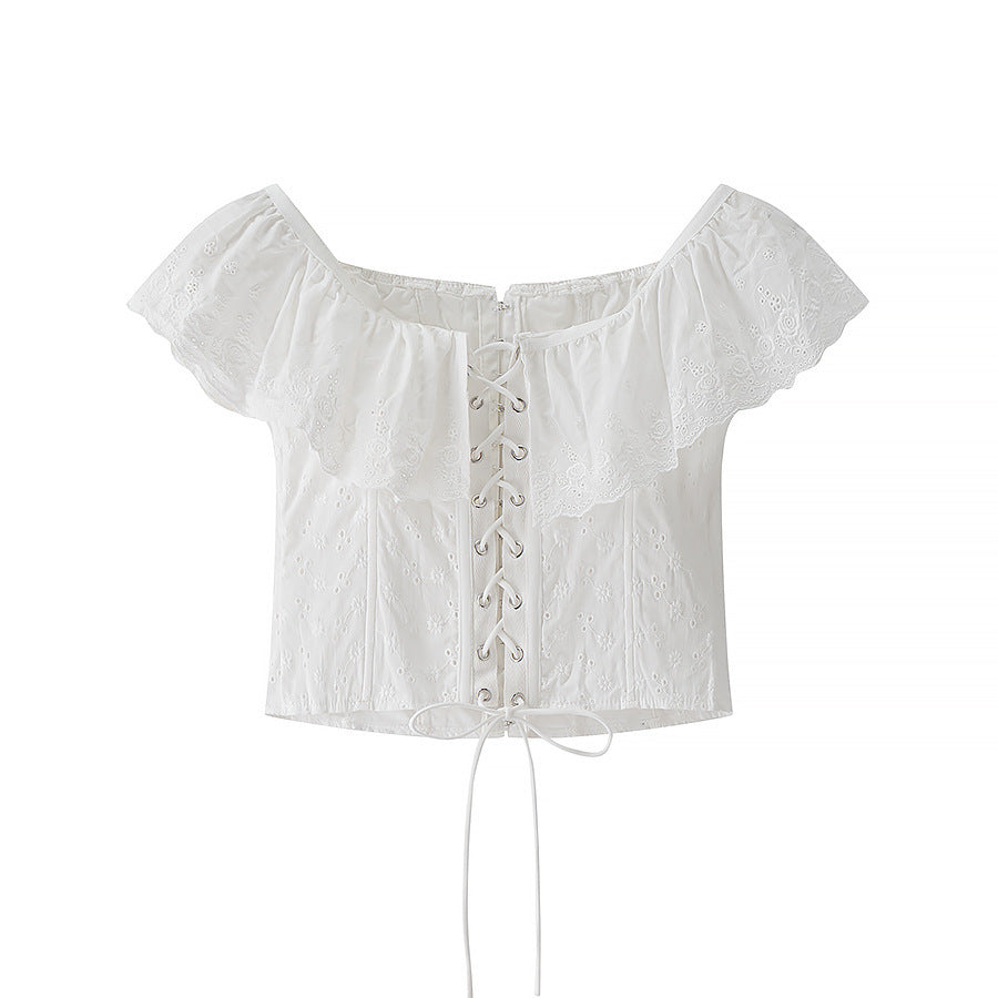 Women's French Two-tone All-cotton Embroidered Lace Ruffled Vest